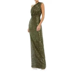 Mac Duggal One-Shoulder Glitter Gown in Green